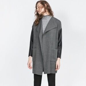 NWT Zara Gray Knit Draped Open Front Faux Black Leather Long Sleeve Coat